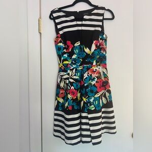 Tahari Blue and Pink Floral Fit and Flare Midi Dress, knee length